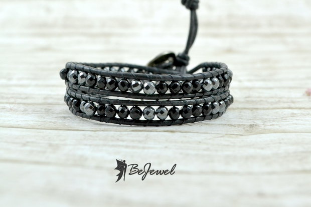 Bratara wrap barbateasca cu snur de piele, onix si hematit ''Simple''