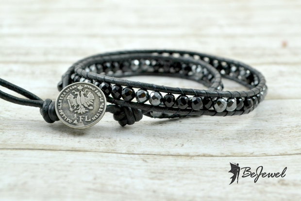 Bratara wrap barbateasca cu snur de piele, onix si hematit ''Simple''