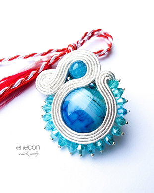 Brosa soutache turcoaz-alb argintiu