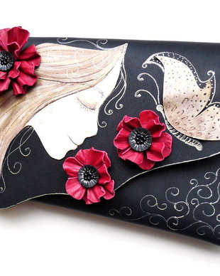poseta plic handmade unicat din piele - Crimson Poppies