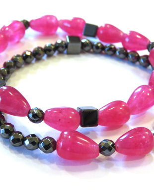 Set 2 bratari din Jad roz fuchsia si Hematit gri metalic - BR464 - Bratara casual elastica stralucitoare, bratara pietre semipretioase, cadou romantic