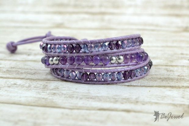 Bratara wrap din snur de piele si mix de cristale ''Lilac in bloom''
