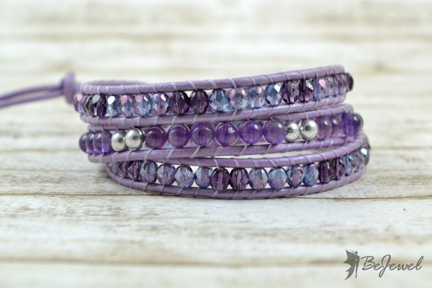 Bratara wrap din snur de piele si mix de cristale ''Lilac in bloom''