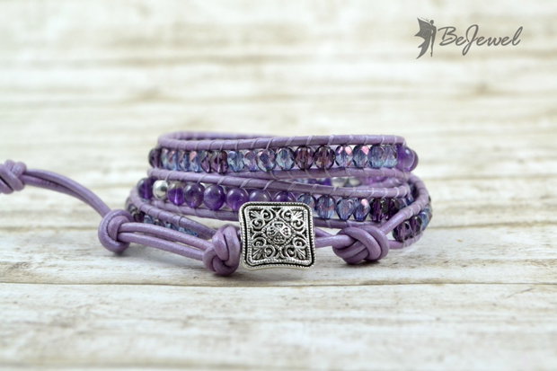 Bratara wrap din snur de piele si mix de cristale ''Lilac in bloom''