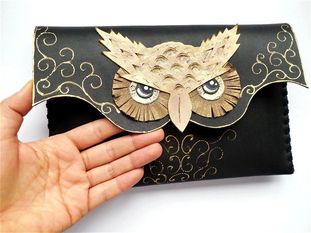 poseta plic handmade unicat din piele - Golden Owl
