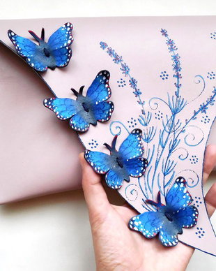 poseta plic handmade unicat din piele naturala -Lavender Butterflies