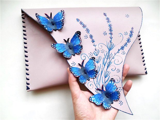 poseta plic handmade unicat din piele naturala -Lavender Butterflies