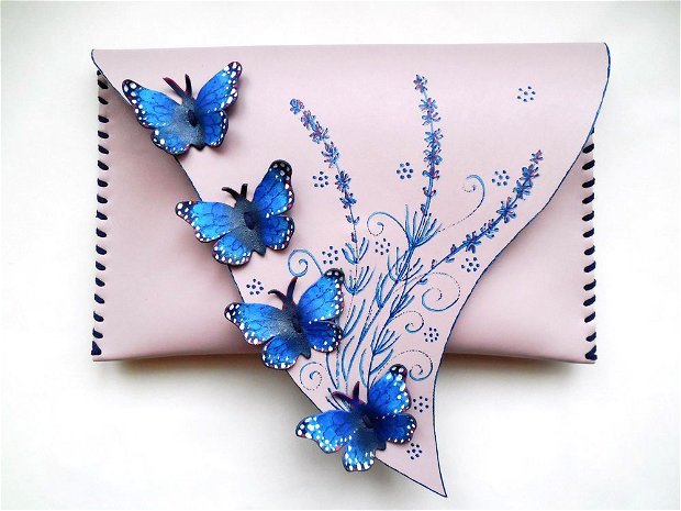 poseta plic handmade unicat din piele naturala -Lavender Butterflies
