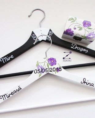 Set umerase miri personalizate si cutiuta verighete, cu flori mov
