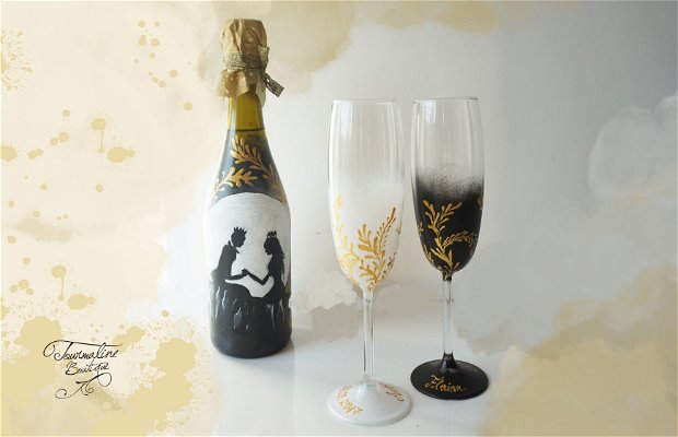 Sticlă și pahare șampanie miri