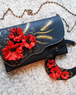 poseta plic handmade unicat din piele - Red Poppies