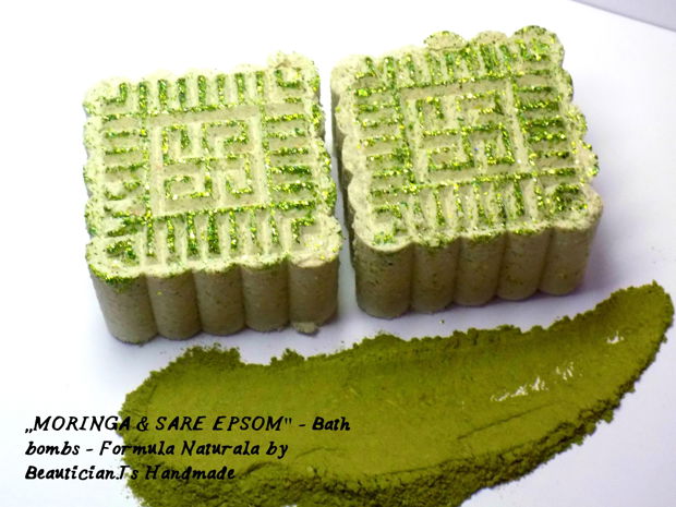 ,,Moringa & sare Epsom'' - bombe de baie naturale (antibacteriene, antiacnee, detoxifiante, racoritoare) - marime medie