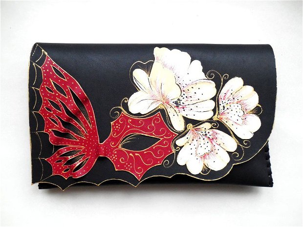 poseta plic handmade unicat din piele - Red Butterfly Masquerade