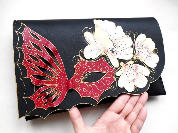 poseta plic handmade unicat din piele - Red Butterfly Masquerade