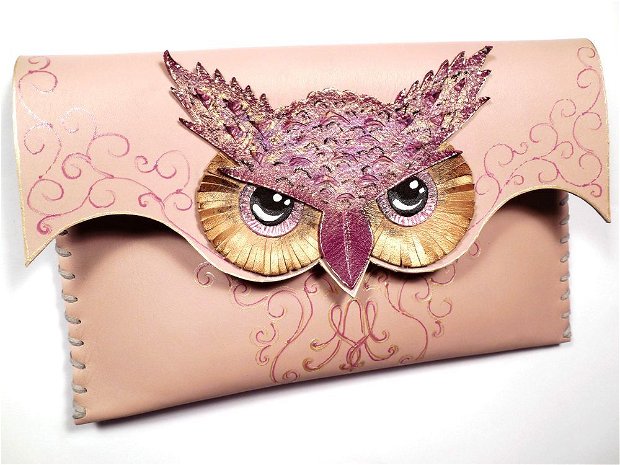 poseta plic handmade unicat din piele - Purple Owl