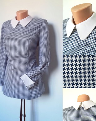 Bluza carouri pepita bleumarin alb manșetă guler alb