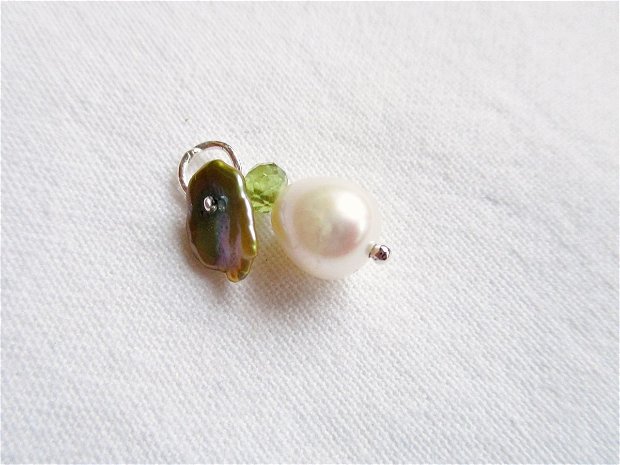Pandantiv argint, perla de cultura, granat verde si perla biwa "Ghiocel"(1)