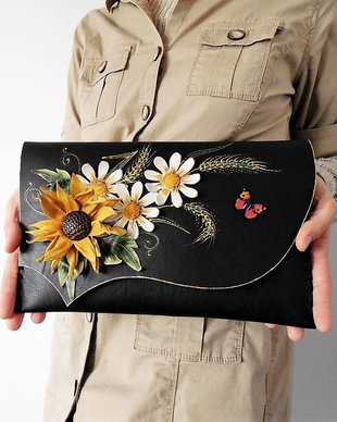 poseta plic handmade unicat din piele - Sunflower