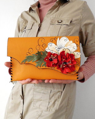 poseta plic handmade unicat din piele - Flowers