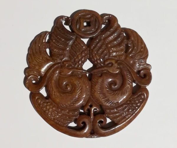 K0071 - Pandantiv / amuleta / talisman, sinkiang jad sculptat, pasarea Phoenix, 66x66x5mm, 35g