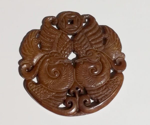 K0071 - Pandantiv / amuleta / talisman, sinkiang jad sculptat, pasarea Phoenix, 66x66x5mm, 35g