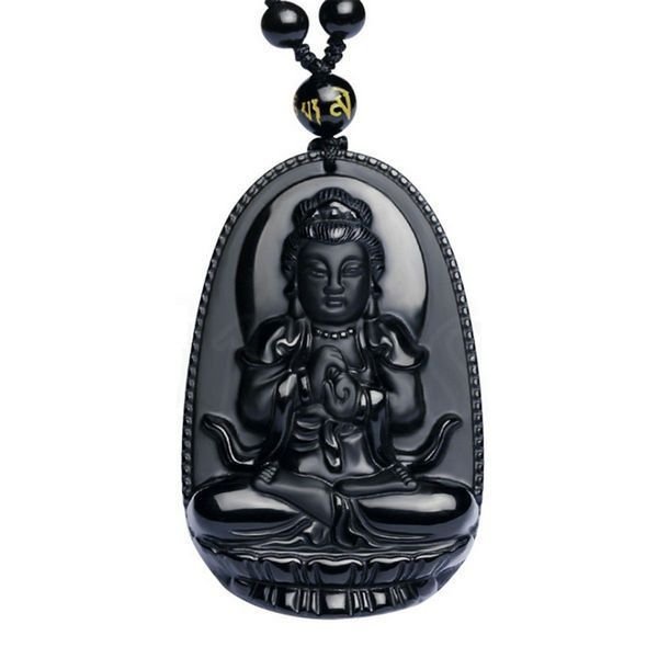 K0095 - Pandantiv, obsidian negru sculptat, Buddha / Bodhisattva, 50x32x11mm