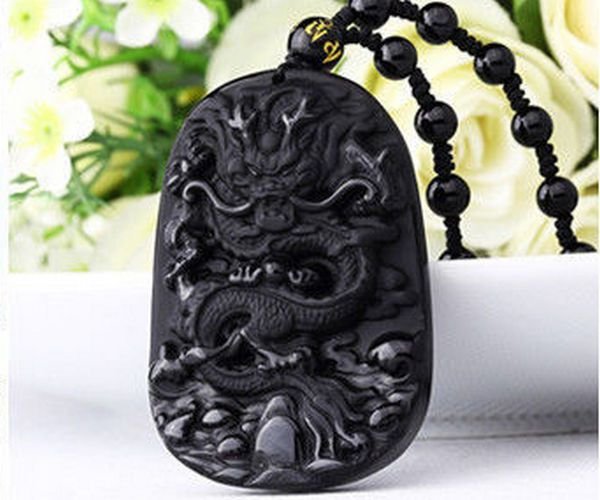 K0094 - Pandantiv, obsidian negru sculptat, dragonul imperial, 55x37mm