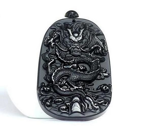 K0094 - Pandantiv, obsidian negru sculptat, dragonul imperial, 55x37mm