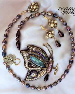 "Exotic Butterfly" - Set colier si cercei cu labradorit si perle de cultura