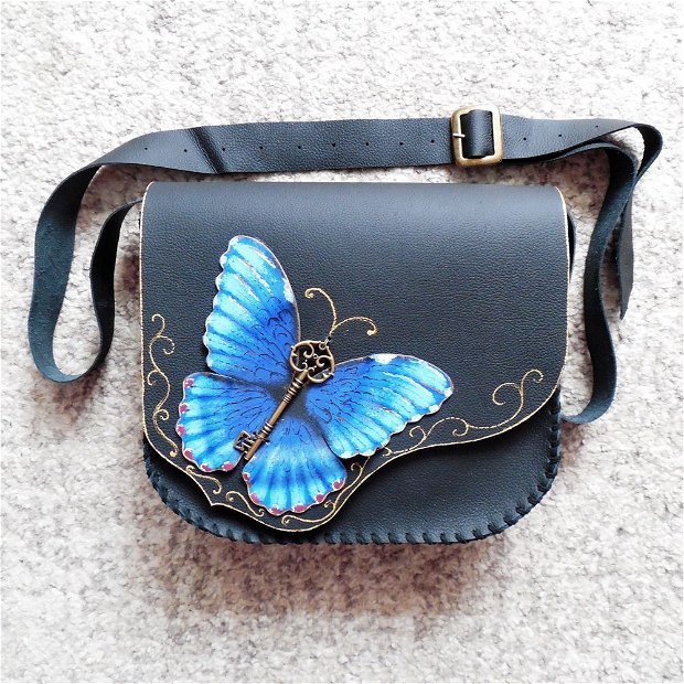 Geanta "Crossover" handmade unicat -Morpho Butterfly on Black