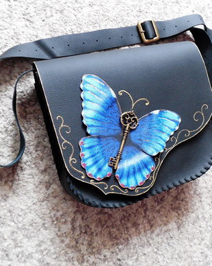 Geanta "Crossover" handmade unicat -Morpho Butterfly on Black