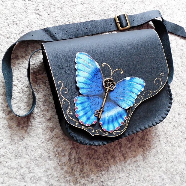 Geanta "Crossover" handmade unicat -Morpho Butterfly on Black