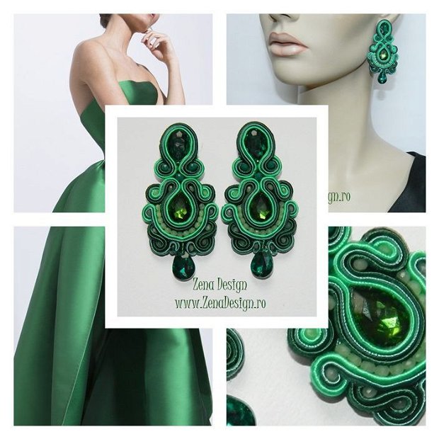 Cercei verzi cu cristale, cercei eleganti, cercei statement, cercei haute couture, cercei unicat
