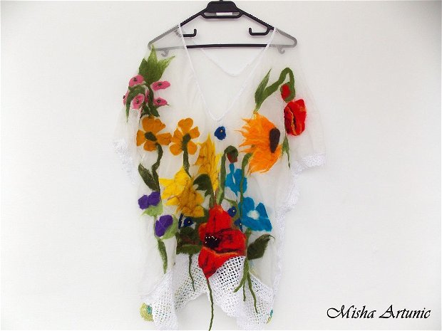 REZERVAT - Bluza din matase, lana si bumbac cu flori de vara