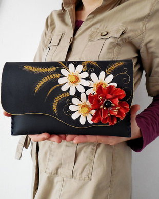 poseta plic handmade unicat din piele - Mac si margarete