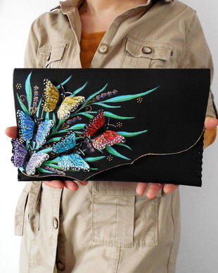 Poseta plic unicat din piele naturala- Rainbow Butterflies 3.0