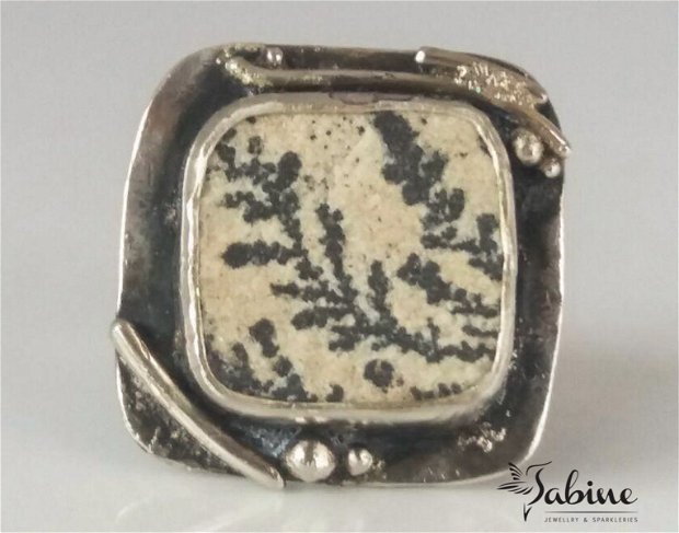 Inel argint 925 cu calcar dendritic, inel patrat, inel mare, inel special, inel piatra naturala