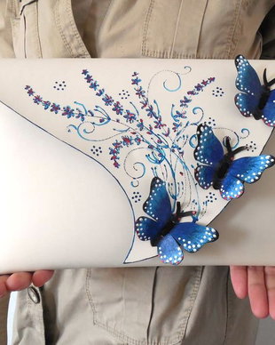 poseta plic handmade unicat din piele naturala -Lavender Butterflies #2.1
