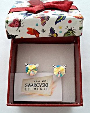 Cercei argint 925 Pisicuta cu piatra Swarovski Rivoli 8mm Crystal AB