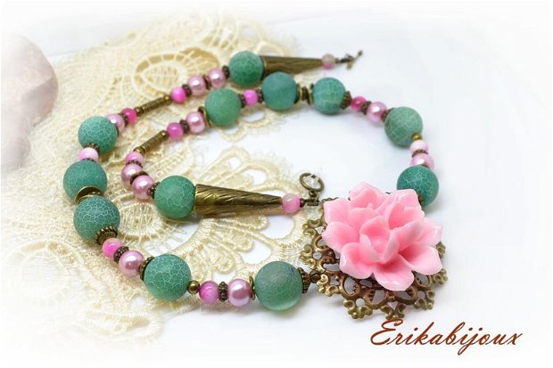 Set -colier si cercei-agat,jad si perle cu pandantiv floare roz