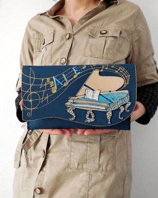 poseta plic handmade unicat din piele - Blue Piano