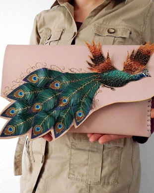Poseta plic handmade unicat din piele naturala -Almost a Flamingo