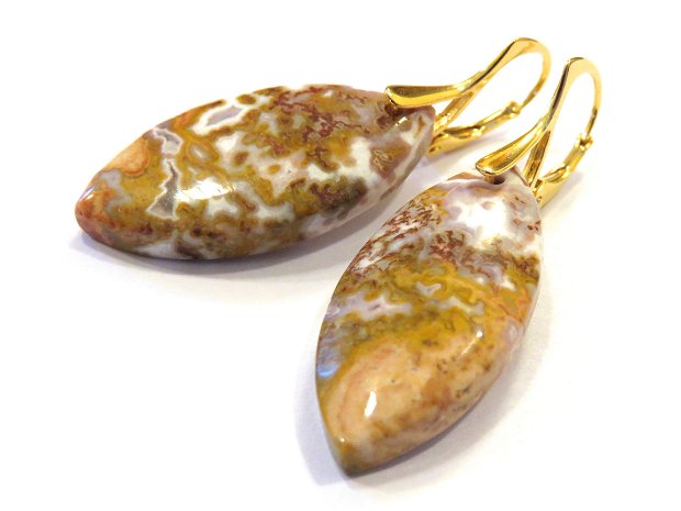 Cercei mari din Agate Crazy lace crem maronii si argint 925 aurit - CE484 - Cercei mari aurii, cadou pentru ea, cercei pietre semipretioase in culori calde