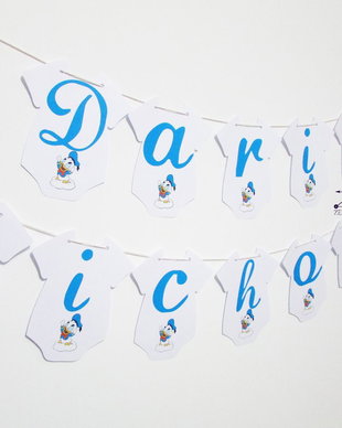 Ghirlanda botez Donald Duck personalizata cu numele bebelusului