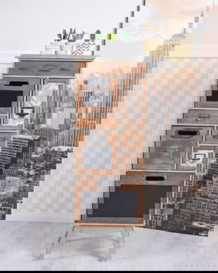 Comoda industriala din lemn masiv verde cu sertare