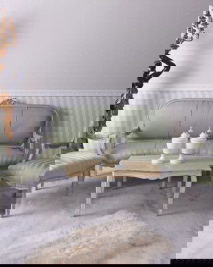 Set baroc din lemn gri antichizat cu tapiterie din matase verde