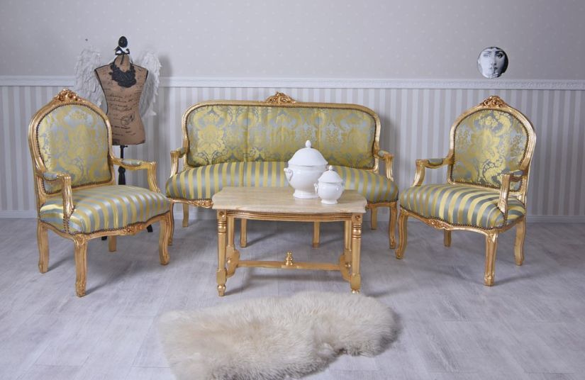 Set baroc din lemn masiv auriu cu tapiterie de matase verde
