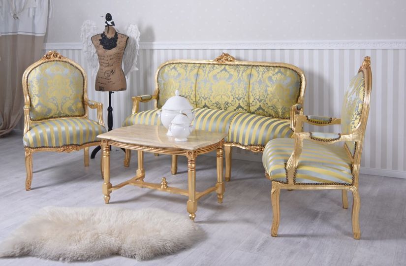 Set baroc din lemn masiv auriu cu tapiterie de matase verde