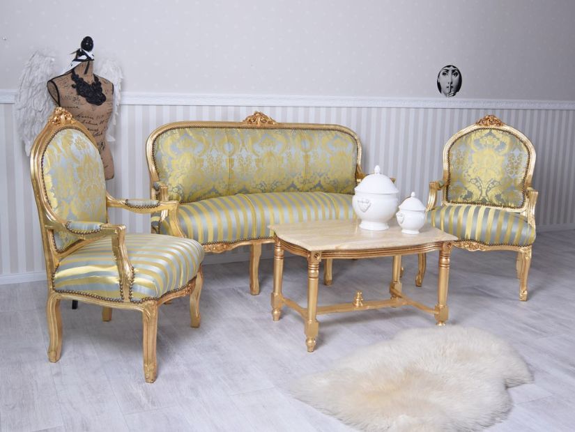 Set baroc din lemn masiv auriu cu tapiterie de matase verde