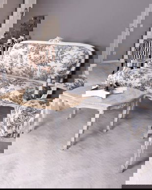 Set living din lemn masiv gri antichizat cu tapiterie cu albastru